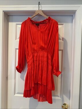 Vivid Orange/Red Pleated Long Sleeve Tiered Dress